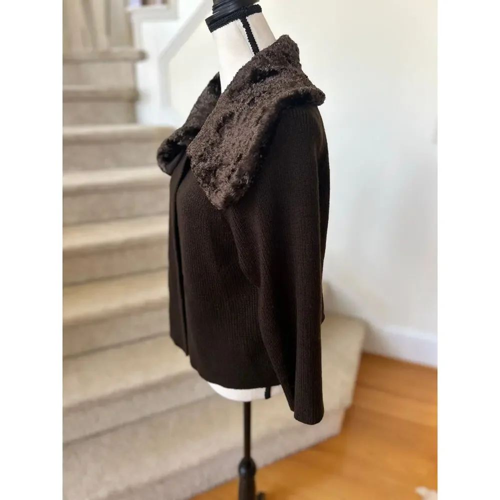 Vintage Y2K Nine West Brown Wool Knit Faux Fur Collar Long Sleeve Cardigan